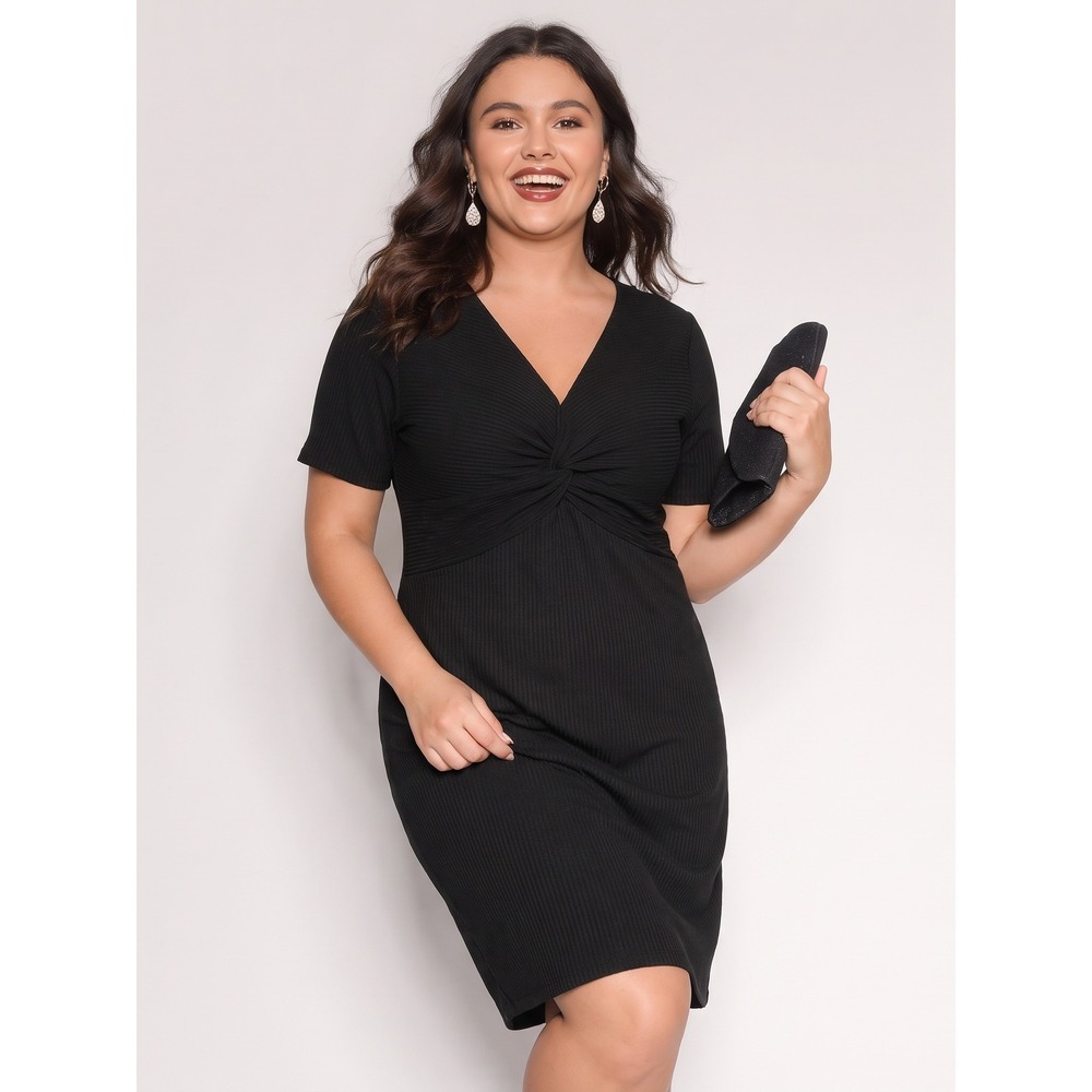 Universal Standard Midi Dress Women's 18/20  Black Ribbed Twist Front V-Neck